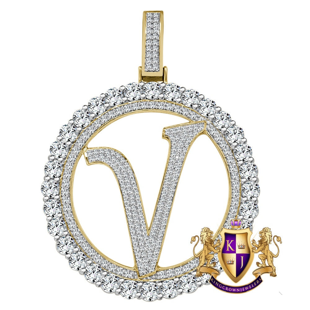 Big XL 3'' Solitaire Real Sterling Silver Gold Finish Simulated Diamond Initial Letter Alphabet "V" Pendent Charm Medallion