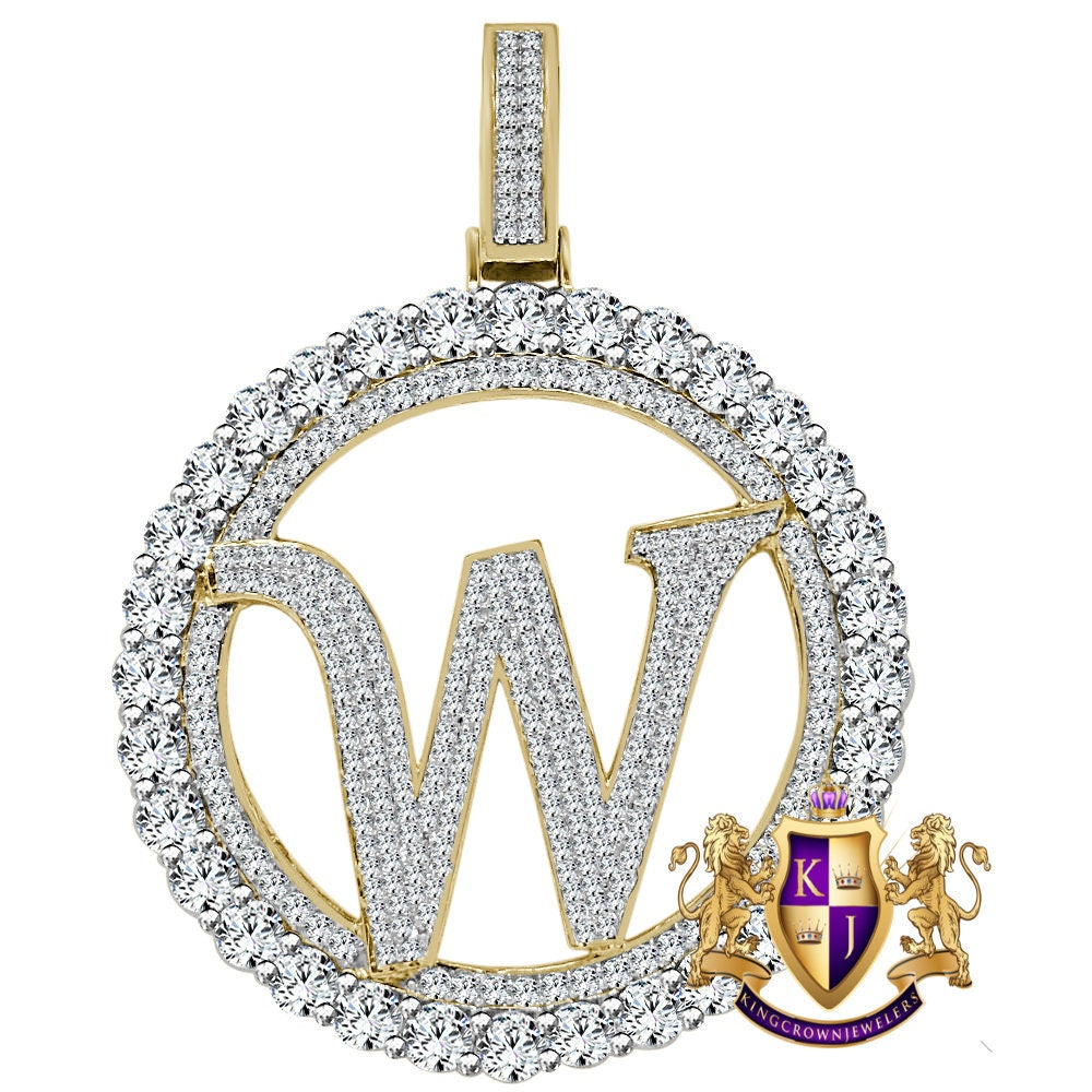 Big XL 3'' Solitaire Real Sterling Silver Gold Finish Simulated Diamond Initial Letter Alphabet "W" Pendent Charm Medallion