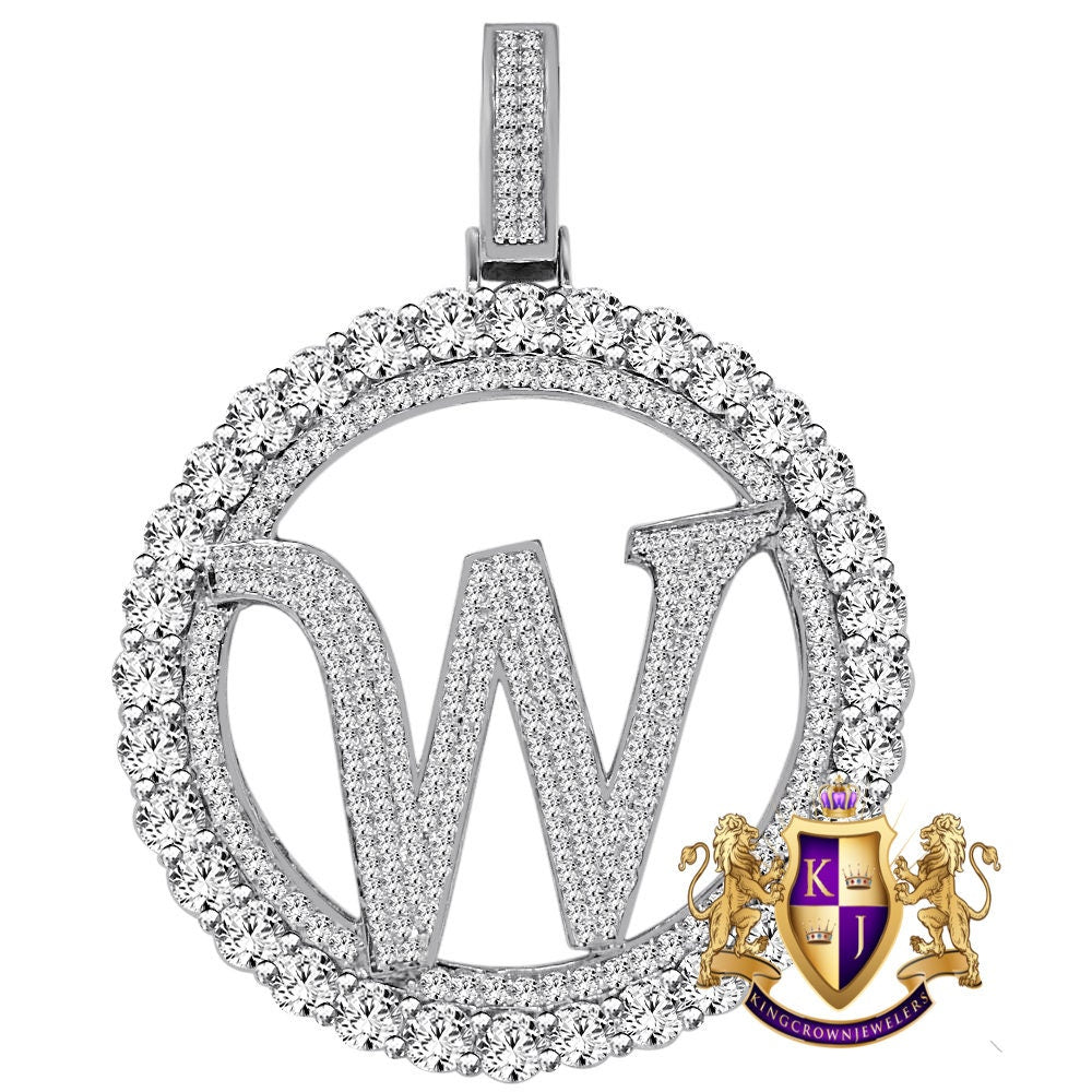 Big XL 3'' Solitaire Real Sterling Silver Gold Finish Simulated Diamond Initial Letter Alphabet "W" Pendent Charm Medallion