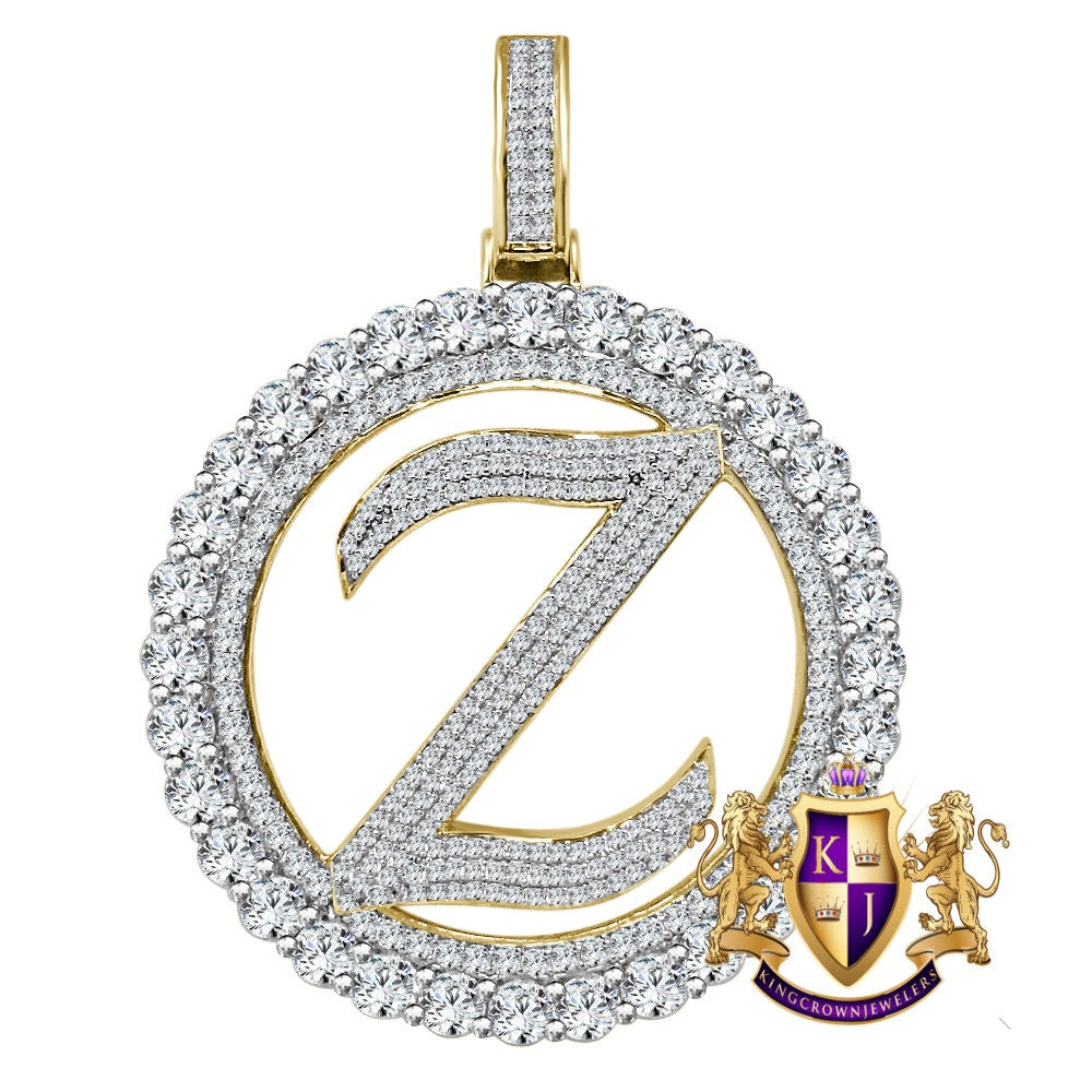 Big XL 3'' Solitaire Real Sterling Silver Gold Finish Simulated Diamond Initial Letter Alphabet "Z" Pendent Charm Medallion