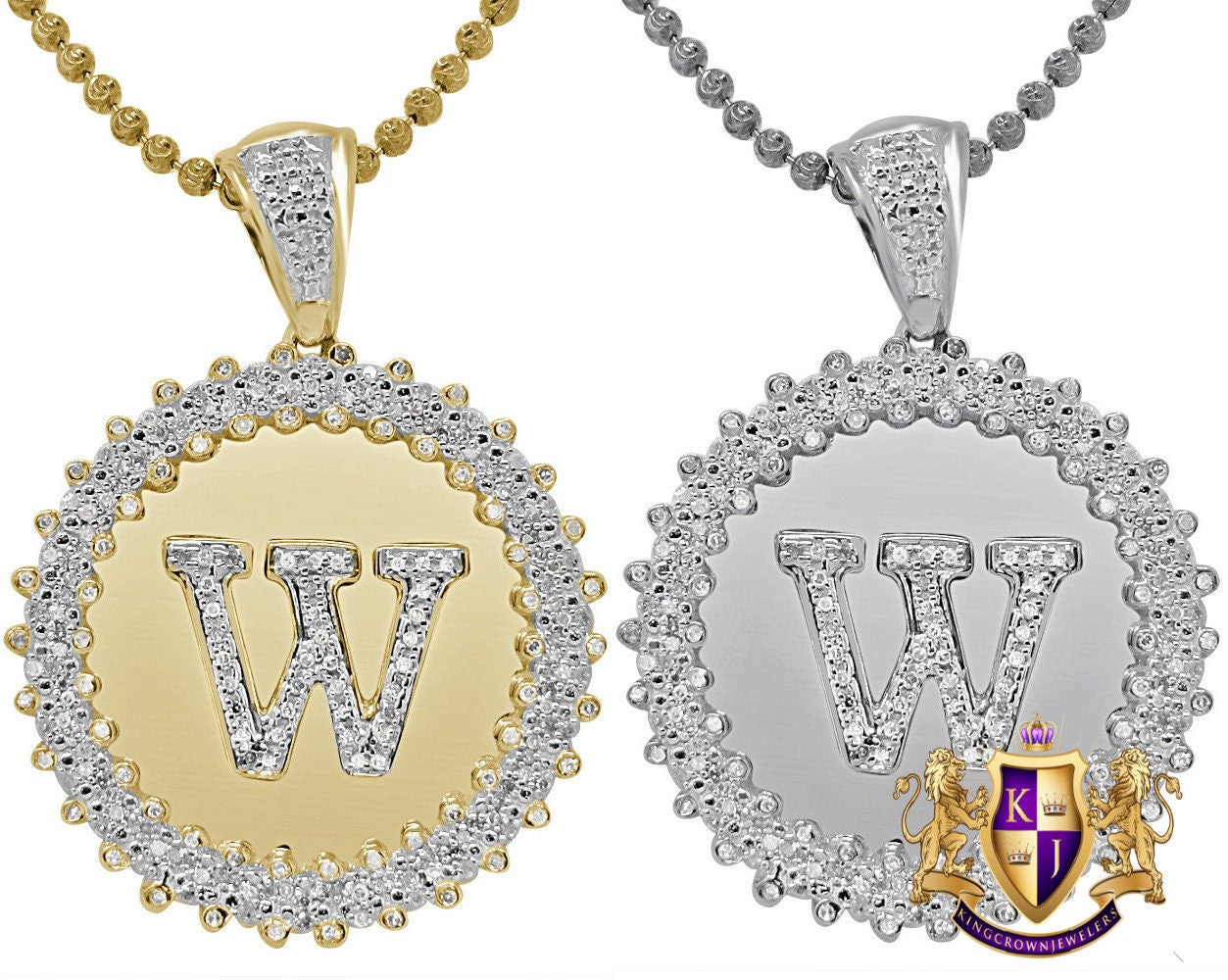 Real Genuine Authentic Diamond 0.85 Cwt. Initial Letter Alphabet 'W" Round Flower Pendant 10K Gold On Unisex Charm Chain Neckless Set 1.65''