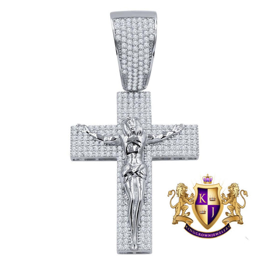 14K White Gold On Real Sterling Silver Simulated Diamond Jesus Crucifix Cross Charm Pendant 2.85''