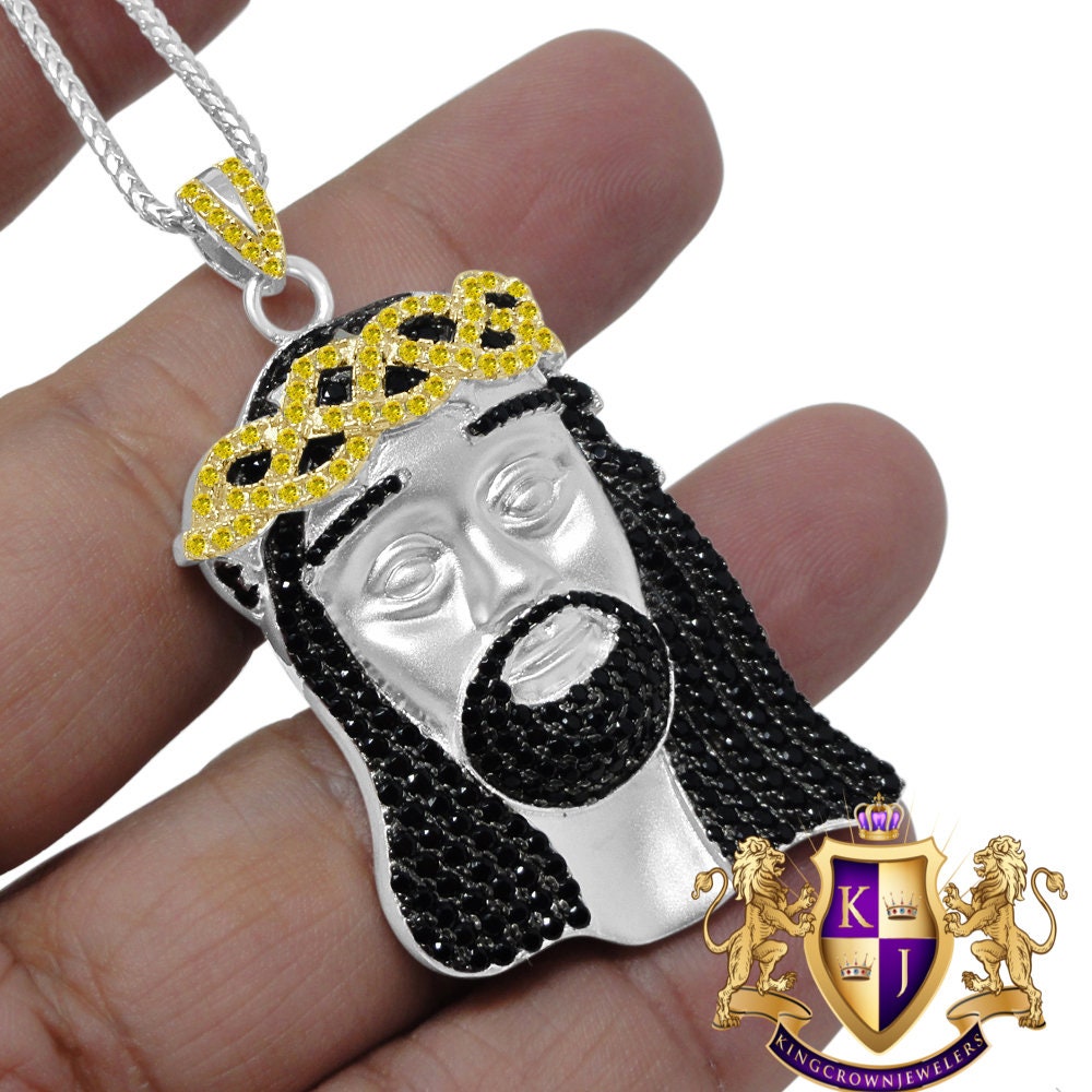 Multi Tone Real Sterling Silver Jesus Face Piece Simulated Diamond Charm Pendent XL 2.5''