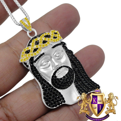 Multi Tone Real Sterling Silver Jesus Face Piece Simulated Diamond Charm Pendent XL 2.5''