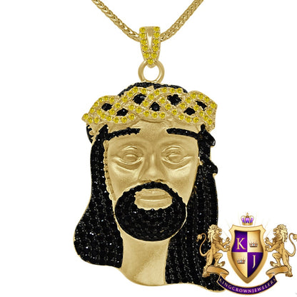 Multi Tone Real Yellow Gold Sterling Silver Jesus Face Piece Simulated Diamond Charm Pendent XL 2.5''