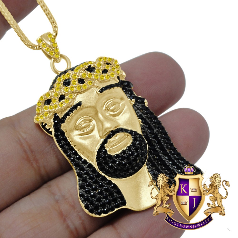 Multi Tone Real Yellow Gold Sterling Silver Jesus Face Piece Simulated Diamond Charm Pendent XL 2.5''