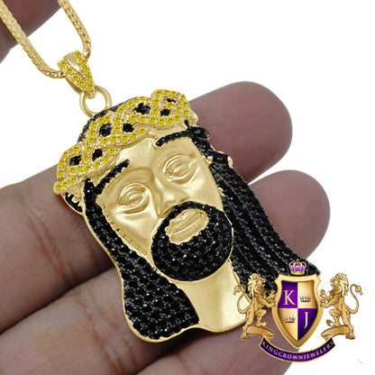 Multi Tone Real Yellow Gold Sterling Silver Jesus Face Piece Simulated Diamond Charm Pendent XL 2.5''