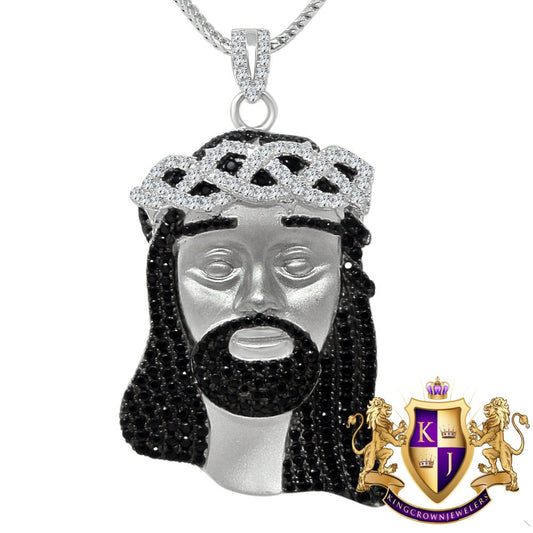 2 Tone White Gold On Real Sterling Silver Jesus Face Piece Simulated Diamond Charm Pendent XL 2.5''
