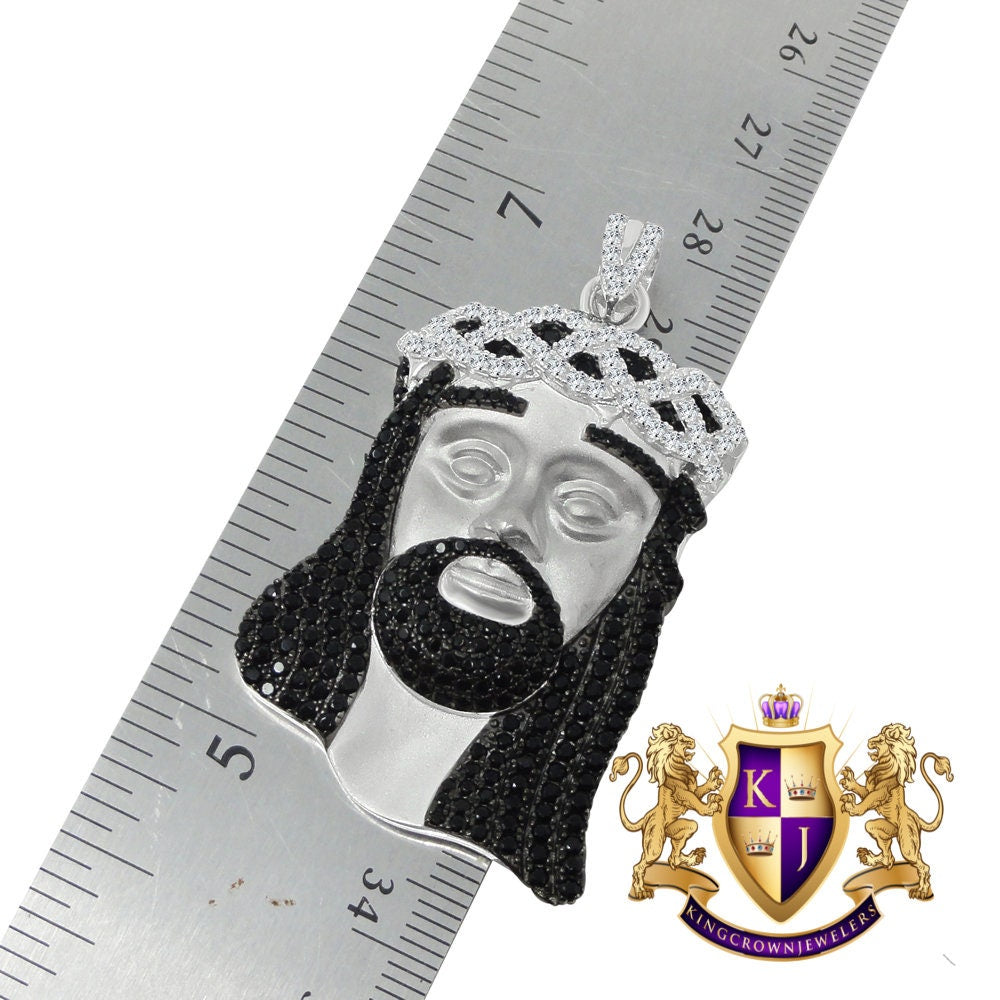 2 Tone White Gold On Real Sterling Silver Jesus Face Piece Simulated Diamond Charm Pendent XL 2.5''