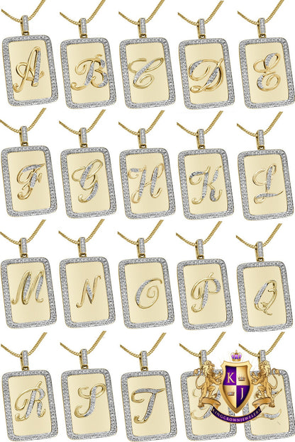 Real Genuine Authentic Natural Diamond Initial Letter Alphabet Dog Tag Unisex Pendant Charm Chain Neckless Set 10K Gold On Mini Small 1.25"