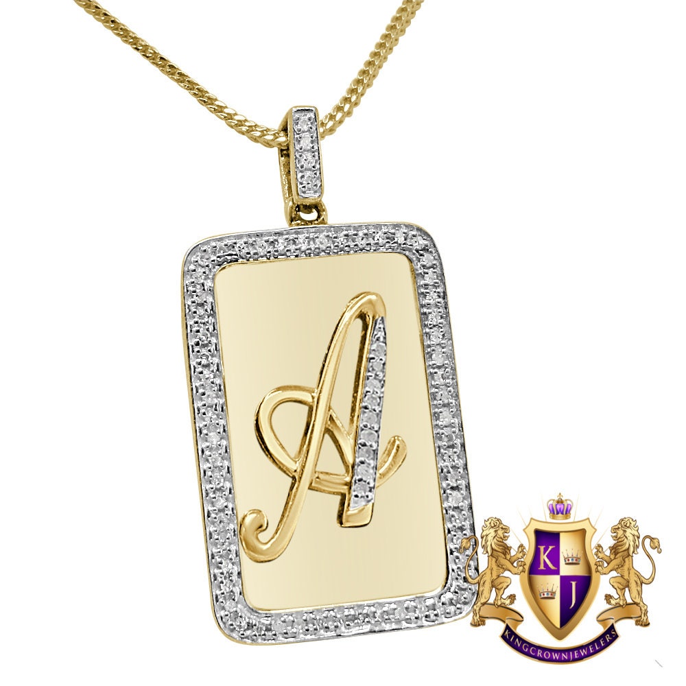 Real Genuine Authentic Natural Diamond Initial Letter Alphabet Dog Tag Unisex Pendant Charm Chain Neckless Set 10K Gold On Mini Small 1.25"