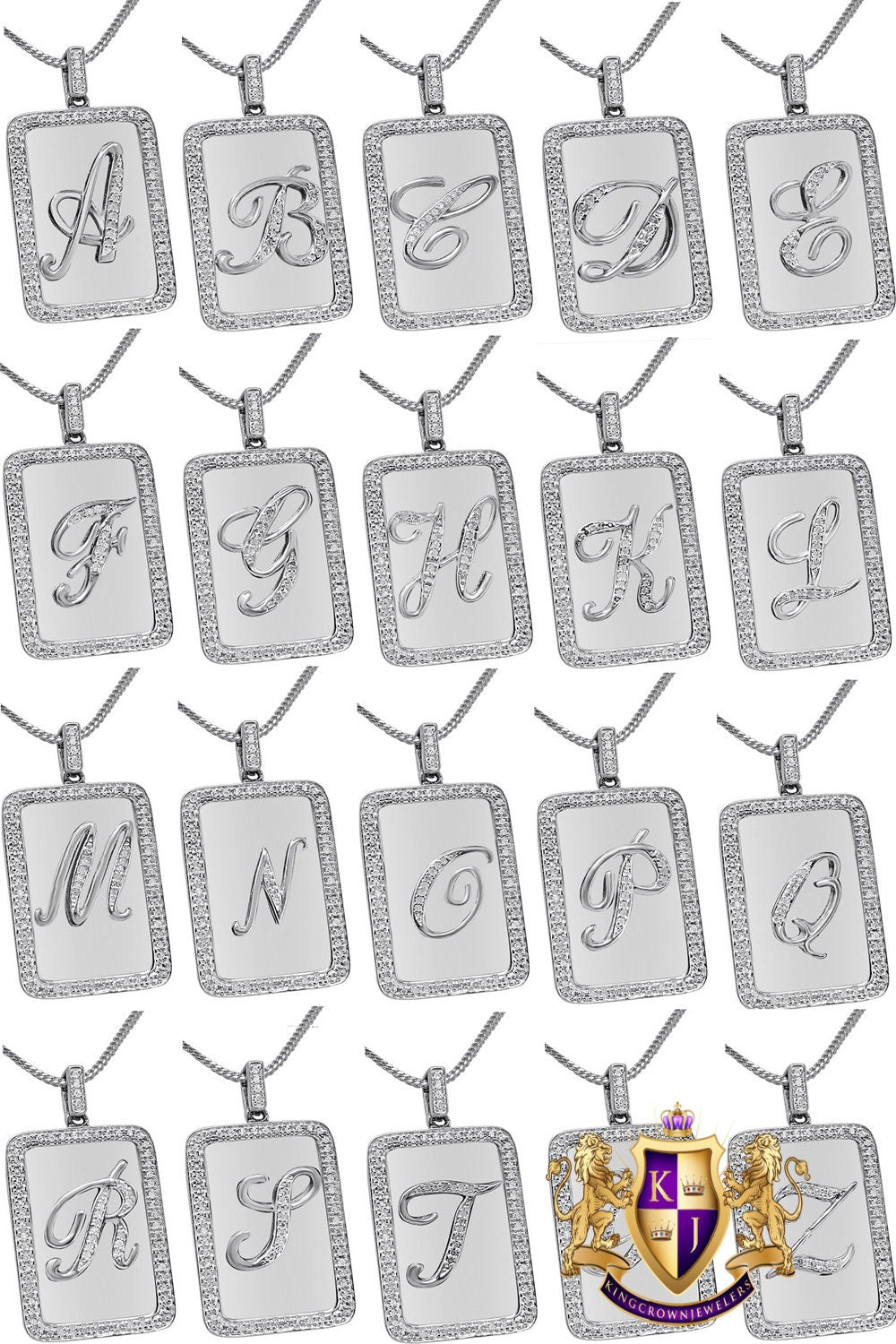 Mini Small 1.25'' Real Genuine Diamond Initial 10k White Gold Finish Letter Alphabet Mini Pendent Dog Tag Charm Chain Set