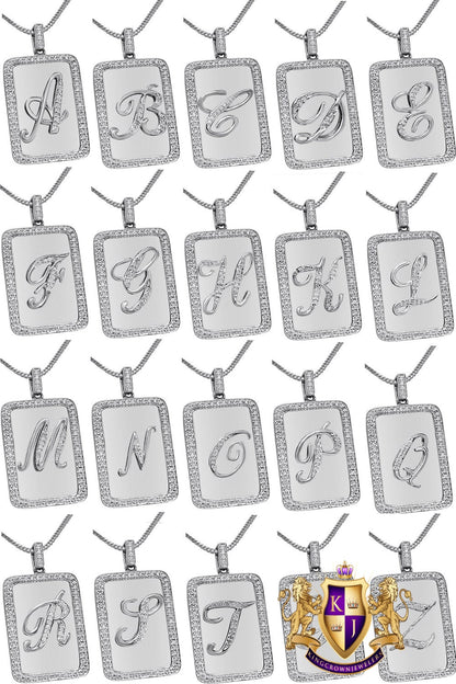 Mini Small 1.25'' Real Genuine Diamond Initial 10k White Gold Finish Letter Alphabet Mini Pendent Dog Tag Charm Chain Set