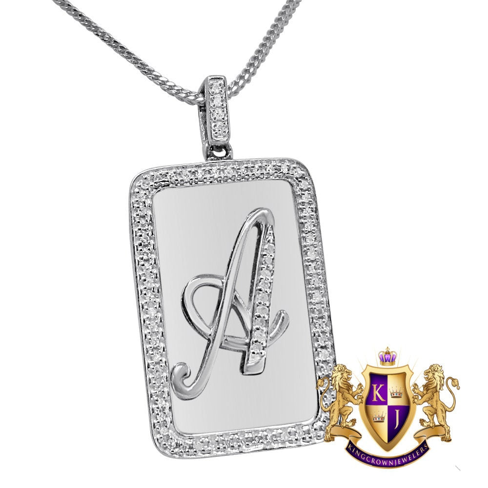 Mini Small 1.25'' Real Genuine Diamond Initial 10k White Gold Finish Letter Alphabet Mini Pendent Dog Tag Charm Chain Set
