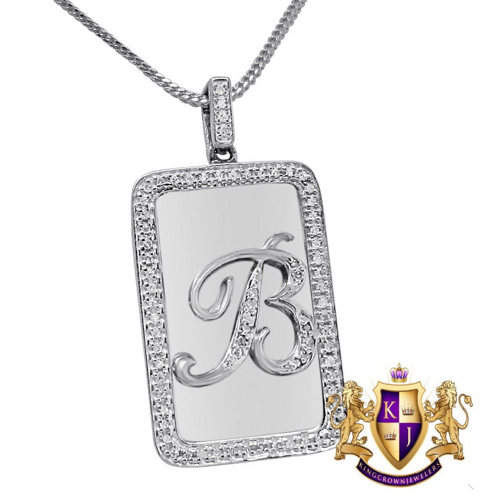 Mini Small 1.25'' Real Genuine Diamond Initial 10k White Gold Finish Letter Alphabet Mini Pendent Dog Tag Charm Chain Set