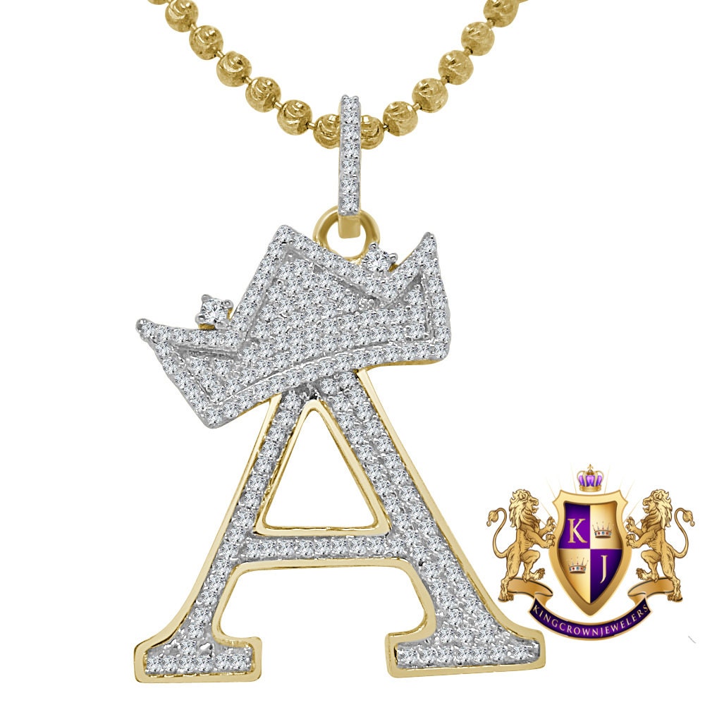 Real Yellow Gold Sterling Silver Simulated Initial Letter Crown Alphabet A-Z Pendent Charm Chain Set