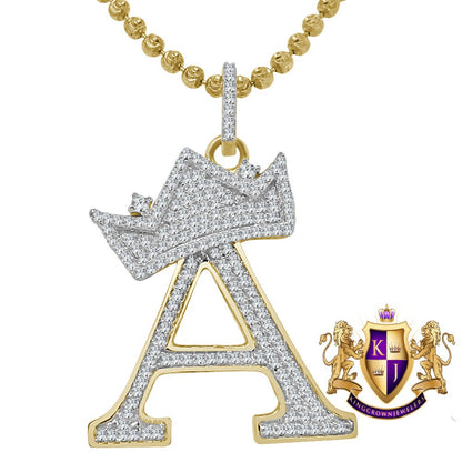 Real Yellow Gold Sterling Silver Simulated Initial Letter Crown Alphabet A-Z Pendent Charm Chain Set