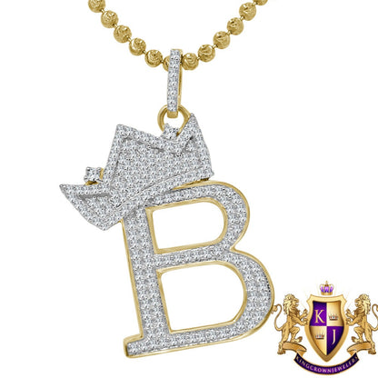 Real Yellow Gold Sterling Silver Simulated Initial Letter Crown Alphabet A-Z Pendent Charm Chain Set