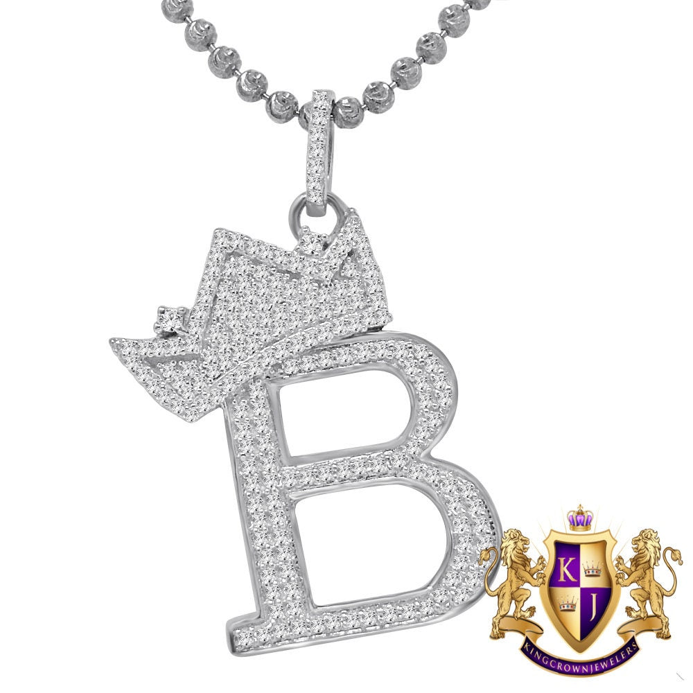 10K White Gold Over Real Sterling Silver Simulated Initial Letter Crown Alphabet A-Z Pendent Charm Chain Set