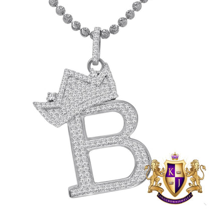 10K White Gold Over Real Sterling Silver Simulated Initial Letter Crown Alphabet A-Z Pendent Charm Chain Set