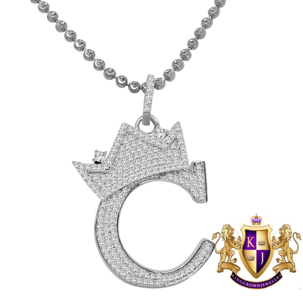 10K White Gold Over Real Sterling Silver Simulated Initial Letter Crown Alphabet A-Z Pendent Charm Chain Set