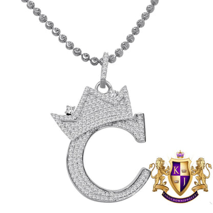 10K White Gold Over Real Sterling Silver Simulated Initial Letter Crown Alphabet A-Z Pendent Charm Chain Set