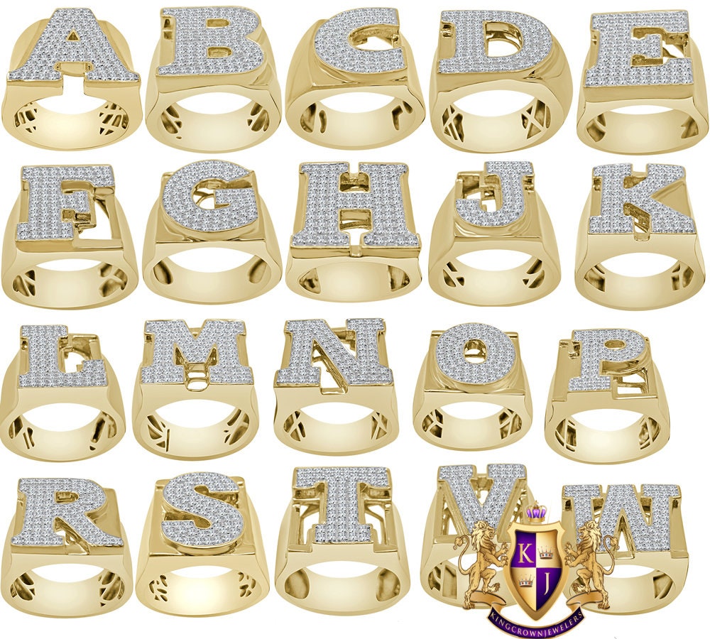 Men's Real Genuine Sterling Silver 2.00 Ct. Simulated Diamond 14K Gold Over Initial Letter Alphabet Ring Band 20mm (Adjustable 10 Up To 11 )