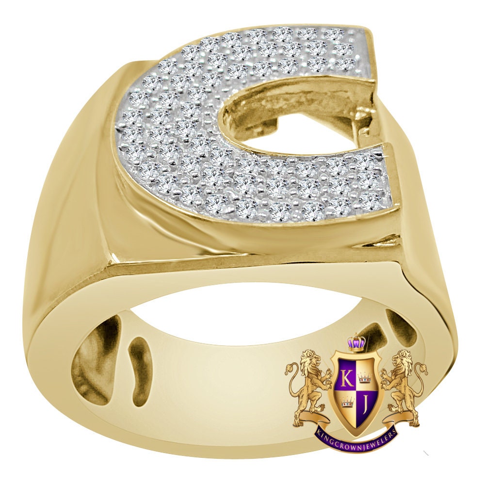 Men's Real Genuine Sterling Silver 2.00 Ct. Simulated Diamond 14K Gold Over Initial Letter Alphabet Ring Band 20mm (Adjustable 10 Up To 11 )