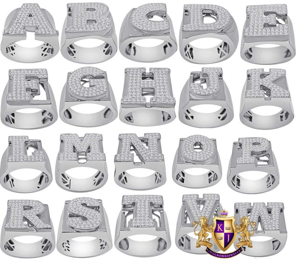 Men's Big Bold 14K White Gold On Sterling Silver Simulated Diamond Initial Letter Alphabet Ring Band (Adjustable 10 Up To 11 )