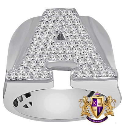Men's Big Bold 14K White Gold On Sterling Silver Simulated Diamond Initial Letter Alphabet Ring Band (Adjustable 10 Up To 11 )
