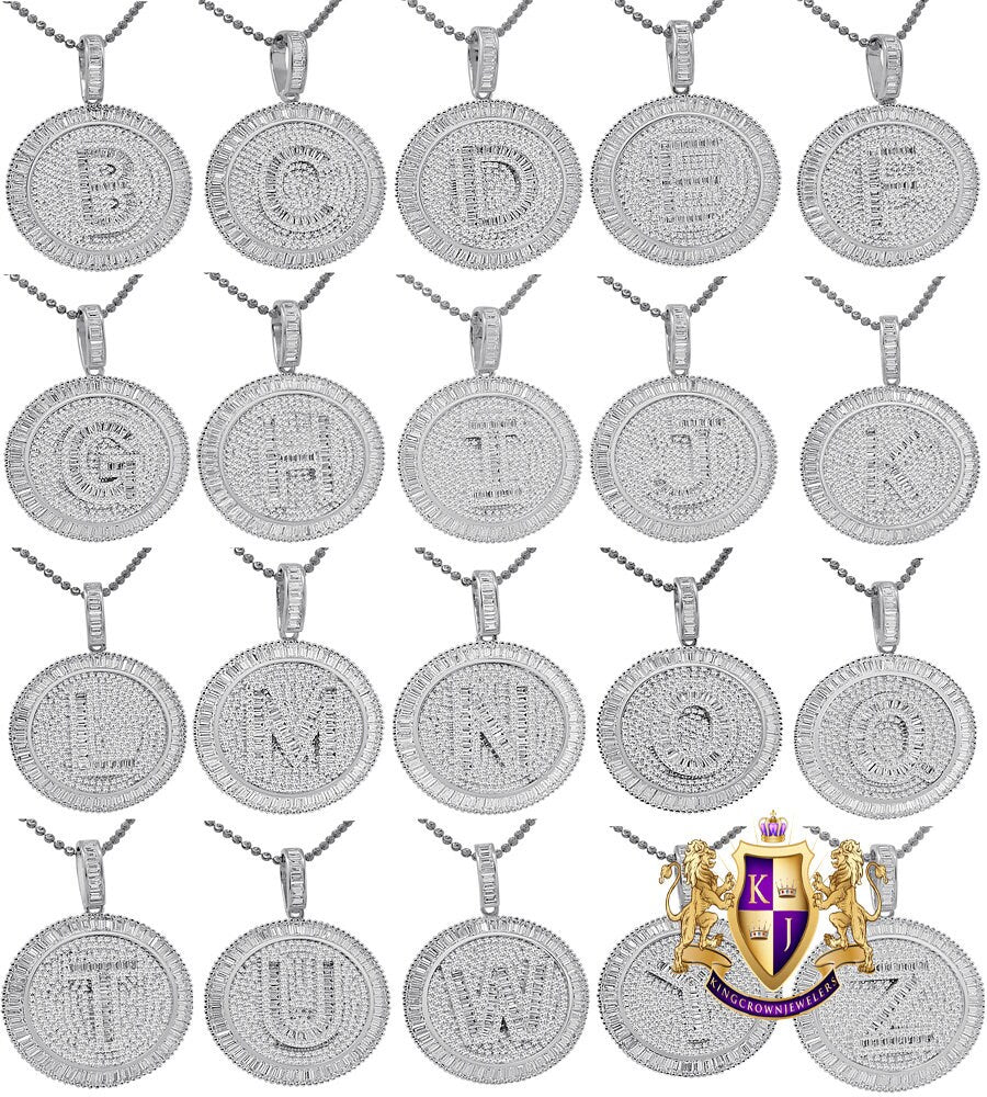 Baguette Real Sterling Silver White Gold Finish Simulated Diamond Initial Letter Alphabet Round Pendent Charm Chain Set