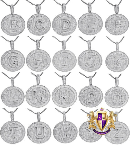 Baguette Real Sterling Silver White Gold Finish Simulated Diamond Initial Letter Alphabet Round Pendent Charm Chain Set