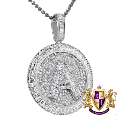 Baguette Real Sterling Silver White Gold Finish Simulated Diamond Initial Letter Alphabet Round Pendent Charm Chain Set