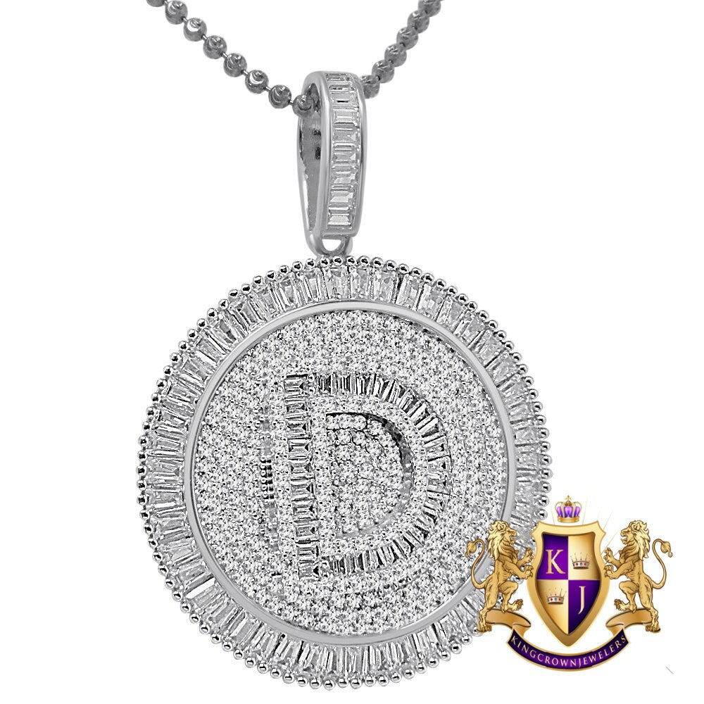 Baguette Real Sterling Silver White Gold Finish Simulated Diamond Initial Letter Alphabet Round Pendent Charm Chain Set