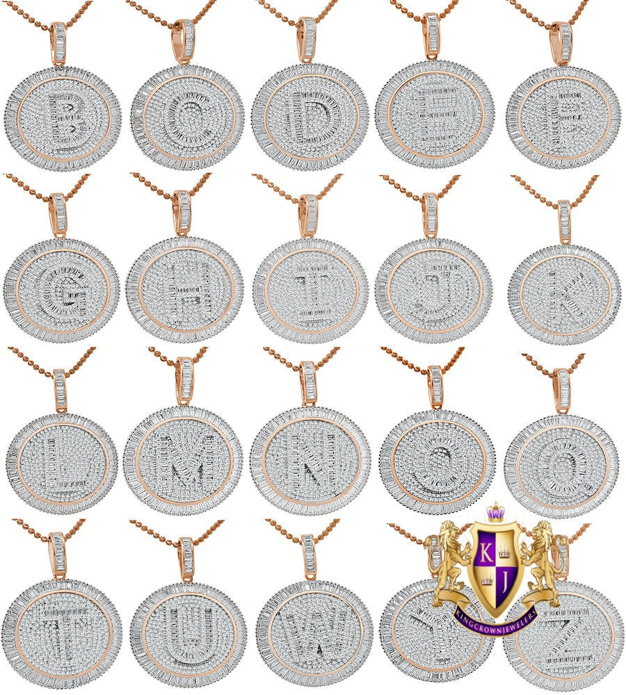 Baguette Real Sterling Silver Rose Gold Finish Simulated Diamond Initial Letter Alphabet Round Pendent Charm Chain Set