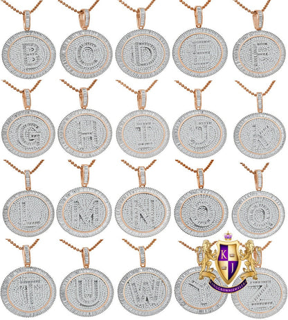 Baguette Real Sterling Silver Rose Gold Finish Simulated Diamond Initial Letter Alphabet Round Pendent Charm Chain Set