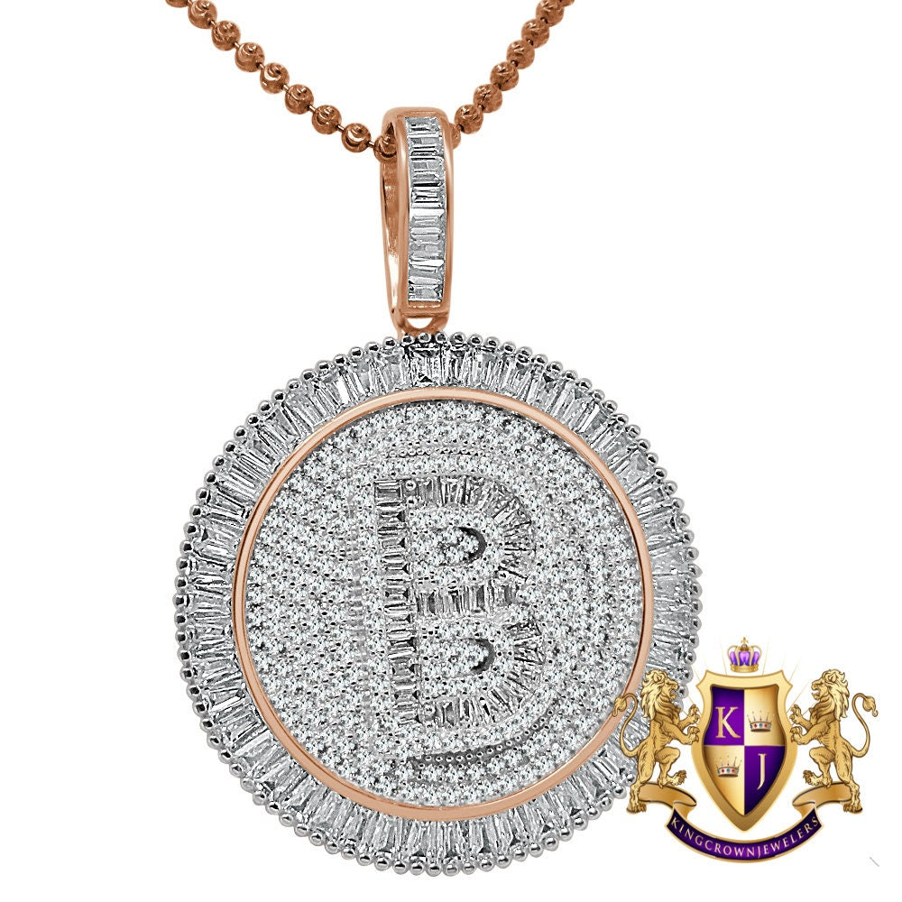 Baguette Real Sterling Silver Rose Gold Finish Simulated Diamond Initial Letter Alphabet Round Pendent Charm Chain Set