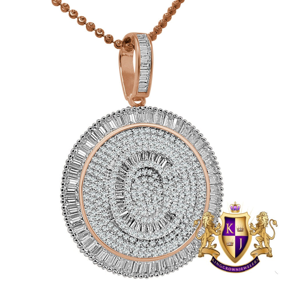 Baguette Real Sterling Silver Rose Gold Finish Simulated Diamond Initial Letter Alphabet Round Pendent Charm Chain Set