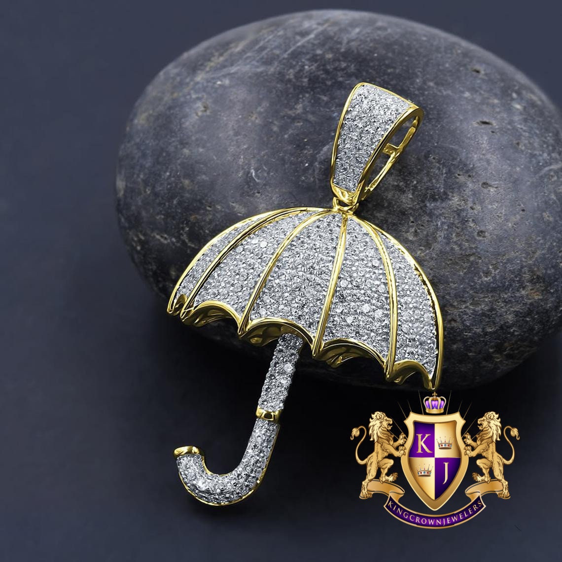 Unisex Real Yellow Gold Sterling Silver Simulated Diamonds Open Umbrella Custom Pendent Charm