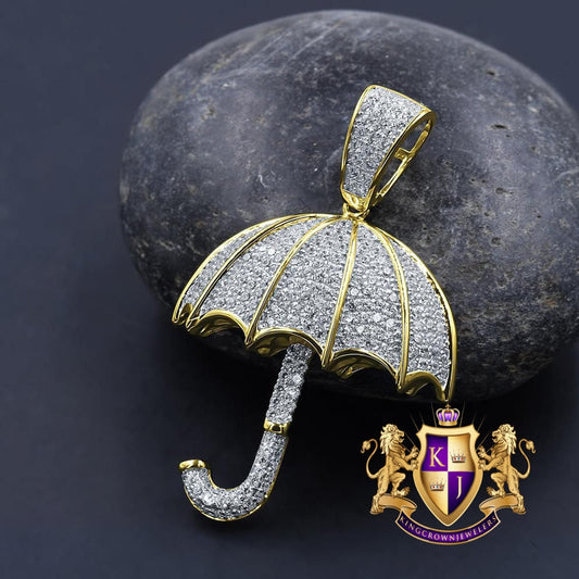 Unisex Real Yellow Gold Sterling Silver Simulated Diamonds Open Umbrella Custom Pendent Charm