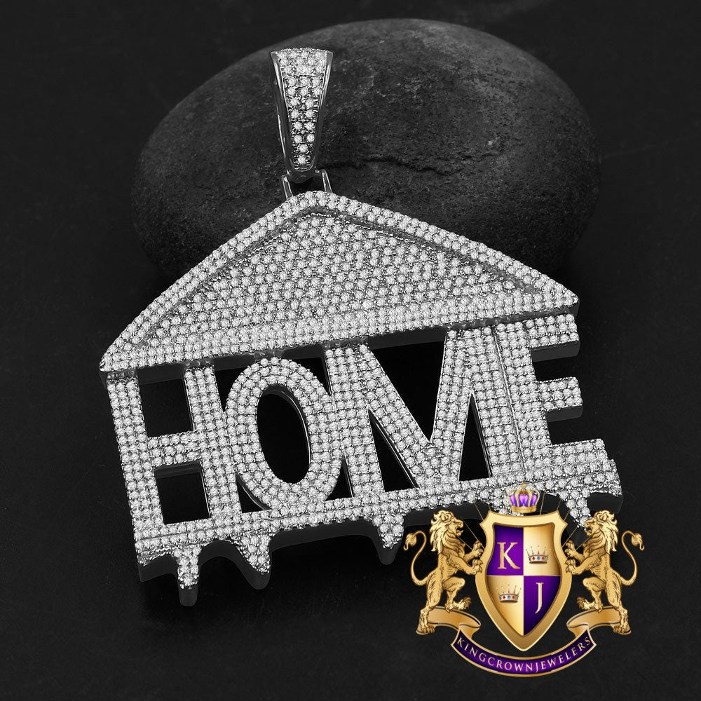 14K White Gold On Real Sterling Silver Simulated Diamond Home Sweet Home Custom Pendent Charm 2.5''