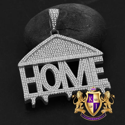 14K White Gold On Real Sterling Silver Simulated Diamond Home Sweet Home Custom Pendent Charm 2.5''