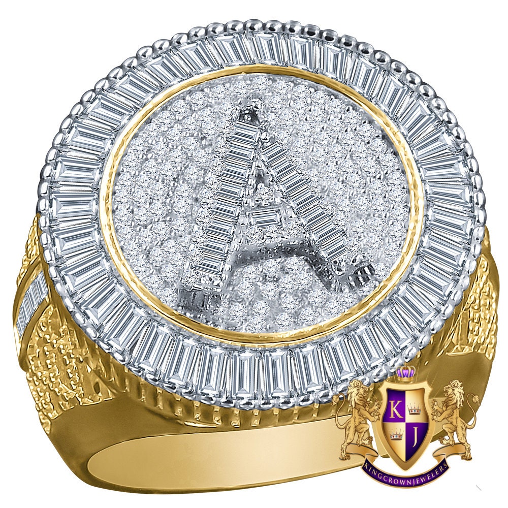 Men's Baguette Real Yellow Gold Sterling Silver Simulated Diamond Initial Letter Alphabet Ring Band (Adjustable 10 Up To 12 )