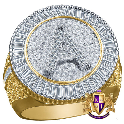Men's Baguette Real Yellow Gold Sterling Silver Simulated Diamond Initial Letter Alphabet Ring Band (Adjustable 10 Up To 12 )