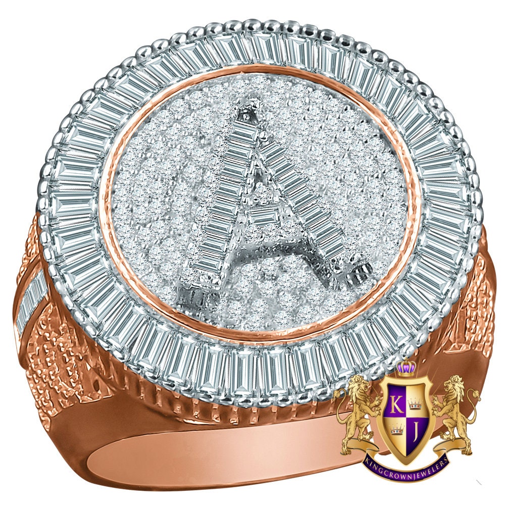 Men's Real Sterling Silver 14K Rose Gold Finish Simulated Diamond Initial Letter Alphabet Ring Band (Adjustable 10 Up To 12 )