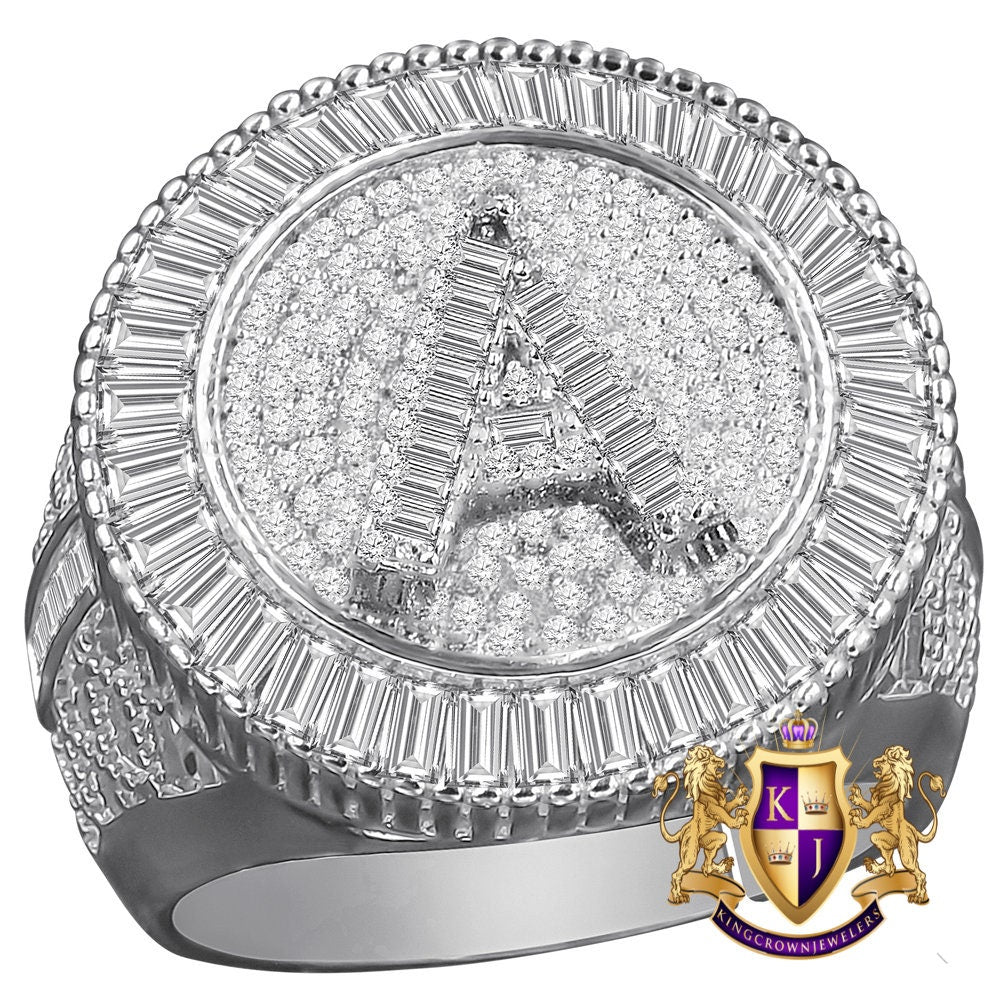 Men's Real Sterling Silver 14K White Gold Finish Simulated Diamond Initial Letter Alphabet Ring Band (Adjustable 10 Up To 12 )