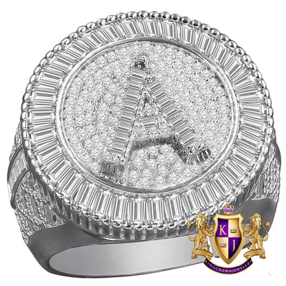 Men's Real Sterling Silver 14K White Gold Finish Simulated Diamond Initial Letter Alphabet Ring Band (Adjustable 10 Up To 12 )