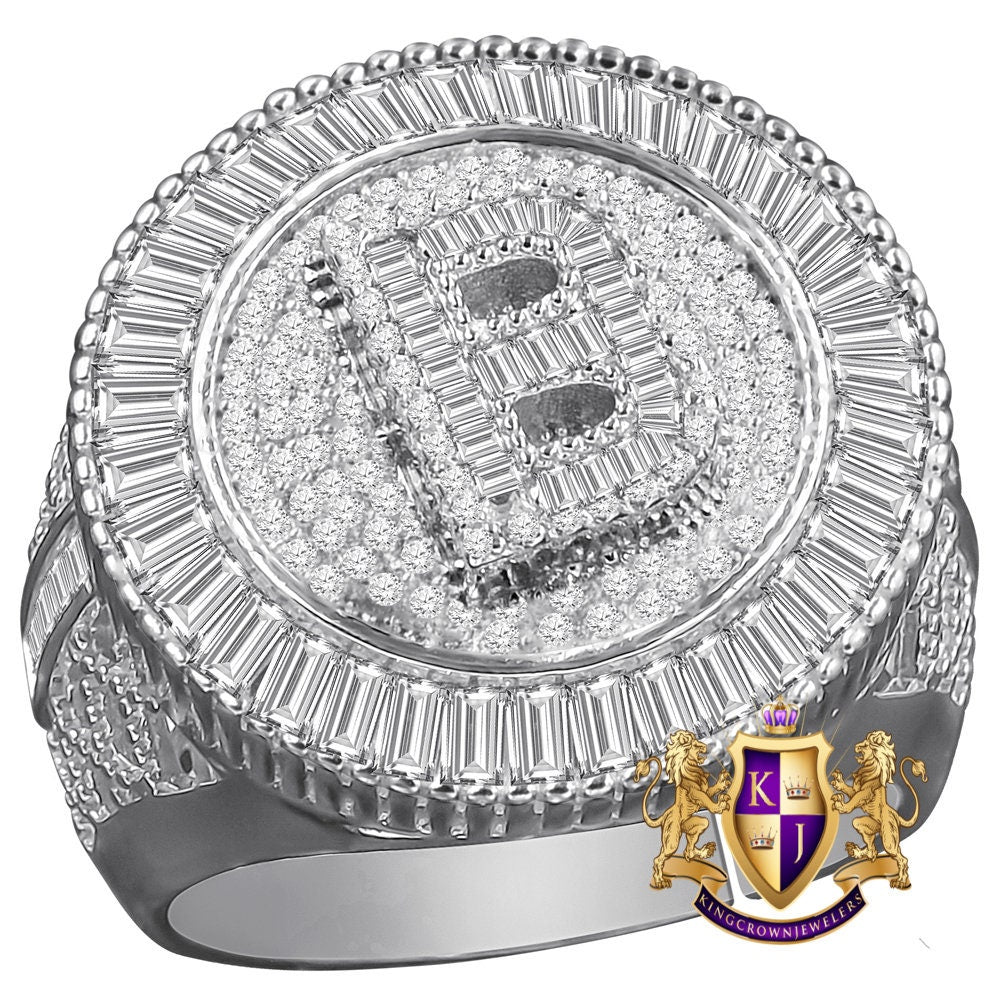 Men's Real Sterling Silver 14K White Gold Finish Simulated Diamond Initial Letter Alphabet Ring Band (Adjustable 10 Up To 12 )