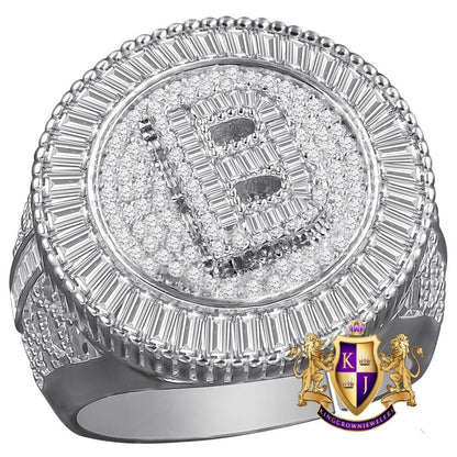 Men's Real Sterling Silver 14K White Gold Finish Simulated Diamond Initial Letter Alphabet Ring Band (Adjustable 10 Up To 12 )