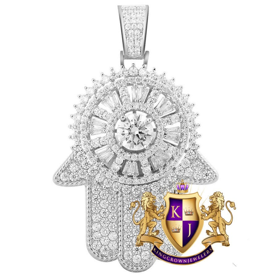 14K White Gold On Real Sterling Silver Lab Diamond Jewish Hamsa Hand Spinner Pendant Charm 2''